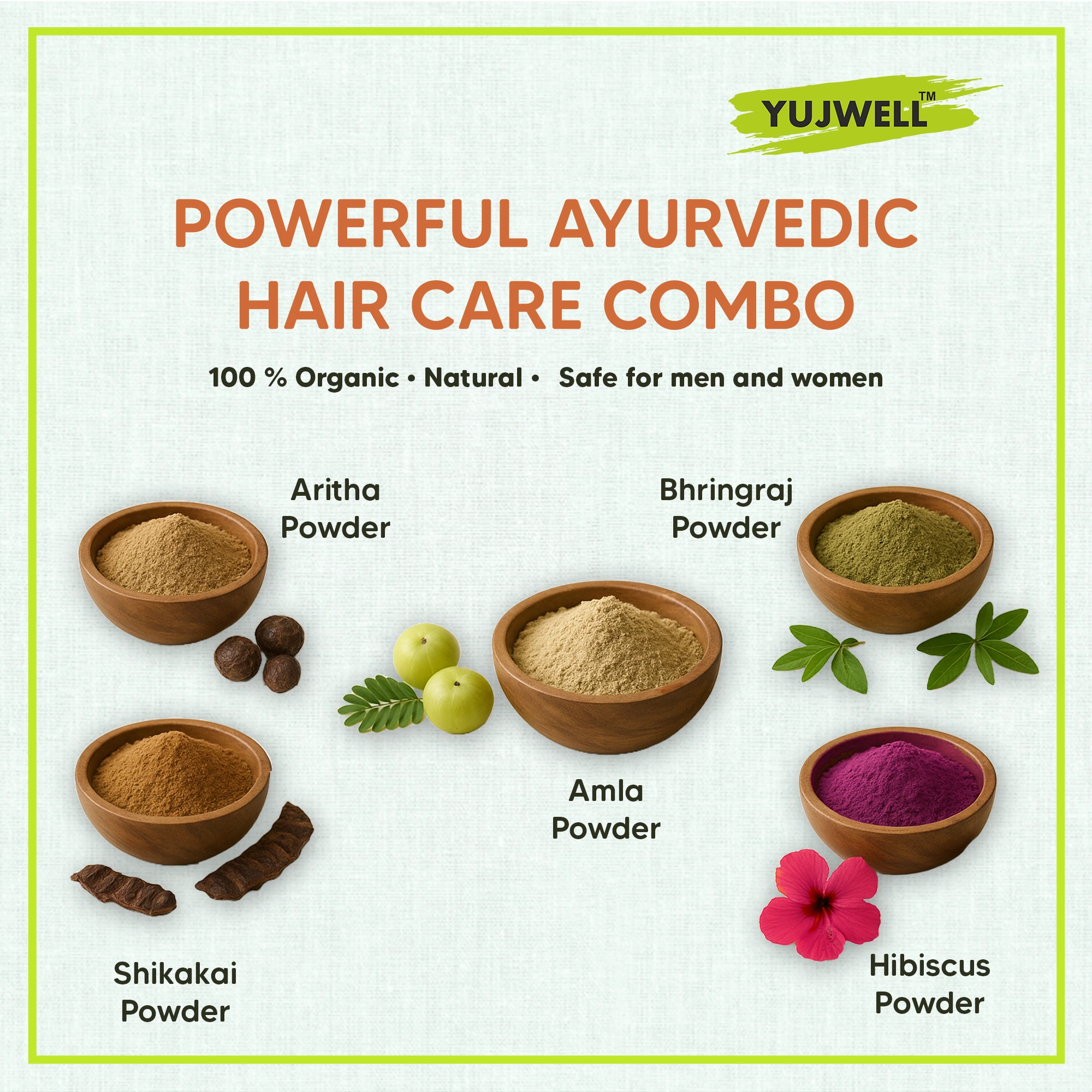 YUJWELL Organic Herbal Hair Care Combo | Amla, Aritha, Shikakai, Bhringraj & Natural Hibiscus