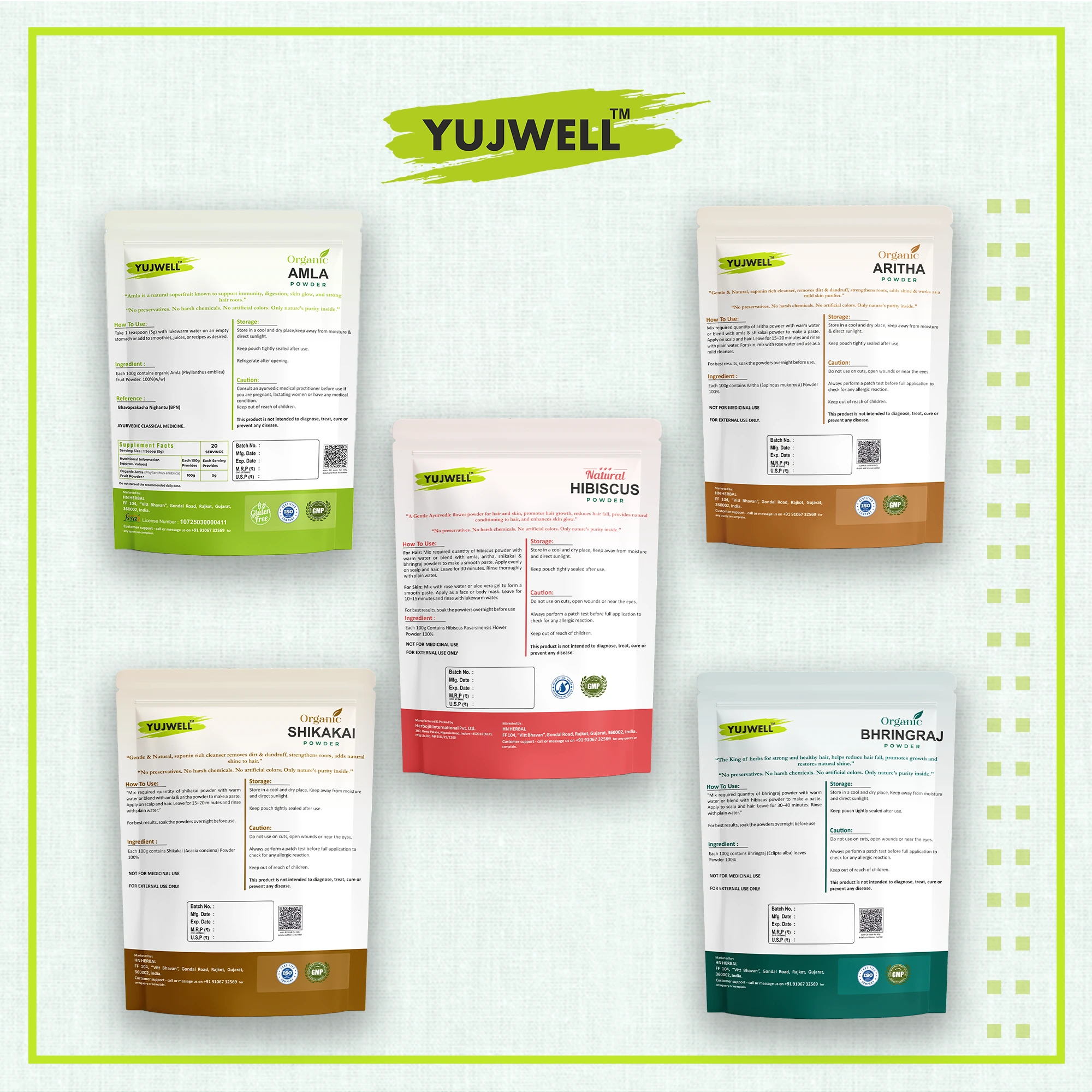 YUJWELL Organic Herbal Hair Care Combo | Amla, Aritha, Shikakai, Bhringraj & Natural Hibiscus