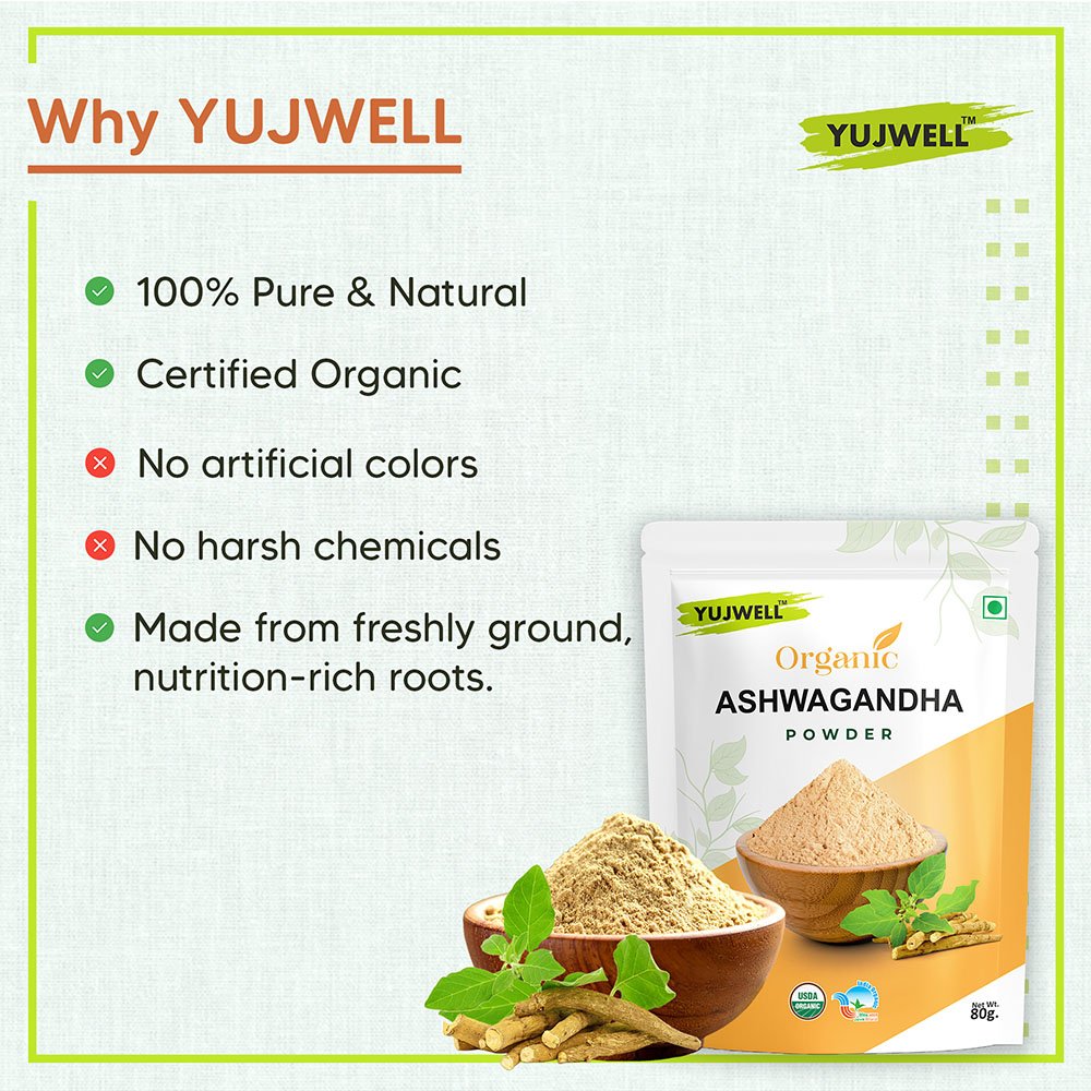 YUJWELL Organic Ashwagandha Powder Pack of 2 (100g x 2) | USDA Certified