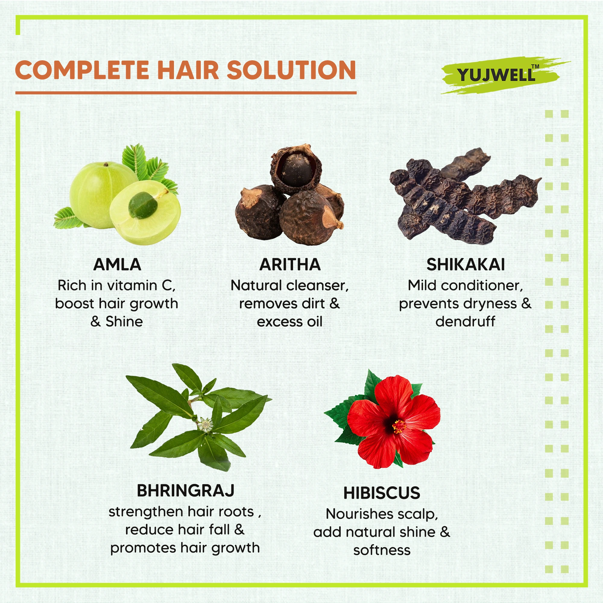 YUJWELL Organic Herbal Hair Care Combo | Amla, Aritha, Shikakai, Bhringraj & Natural Hibiscus