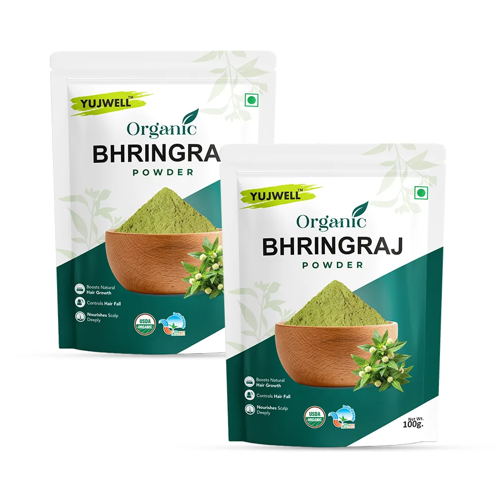 YUJWELL Organic Bhringraj Powder Pack of 2 (100g x 2) | USDA Organic Certified